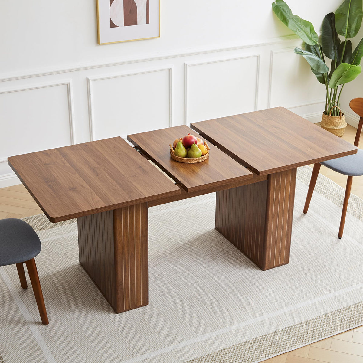 weselon 55"-71" Extendable Dining Table with Storage, Expandable Kitchen Table for 4-6, Space Saving Dining Room Table with Hidden Storage Cabinet, Adjustable Shelves & Fluted Base (Walnut)