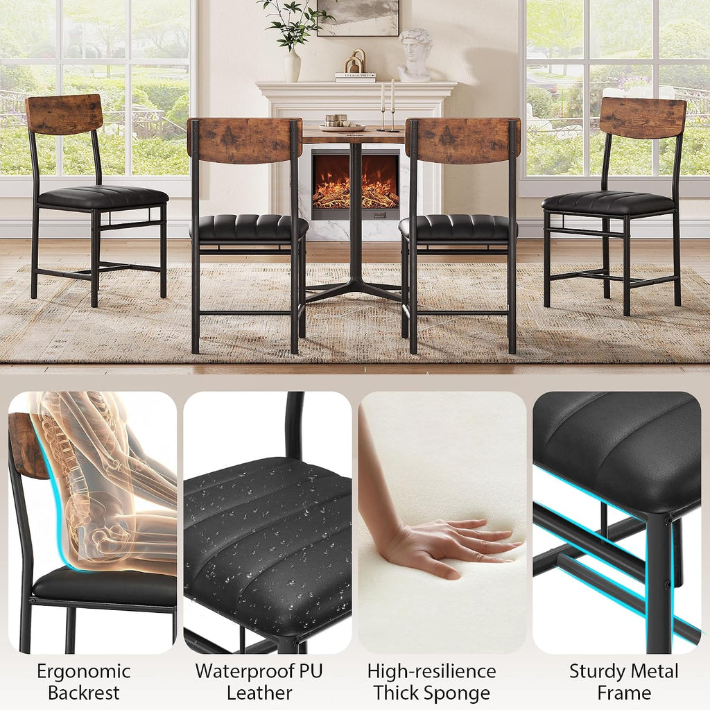 Jocoevol Industrial Dining Chairs Set of 4 - Upholstered Dining Room Chairs with PU Leather, Kitchen Chairs with Wooden Backrest and Thickened Metal Legs, for Dining Room, Living Room（Rustic Brown）