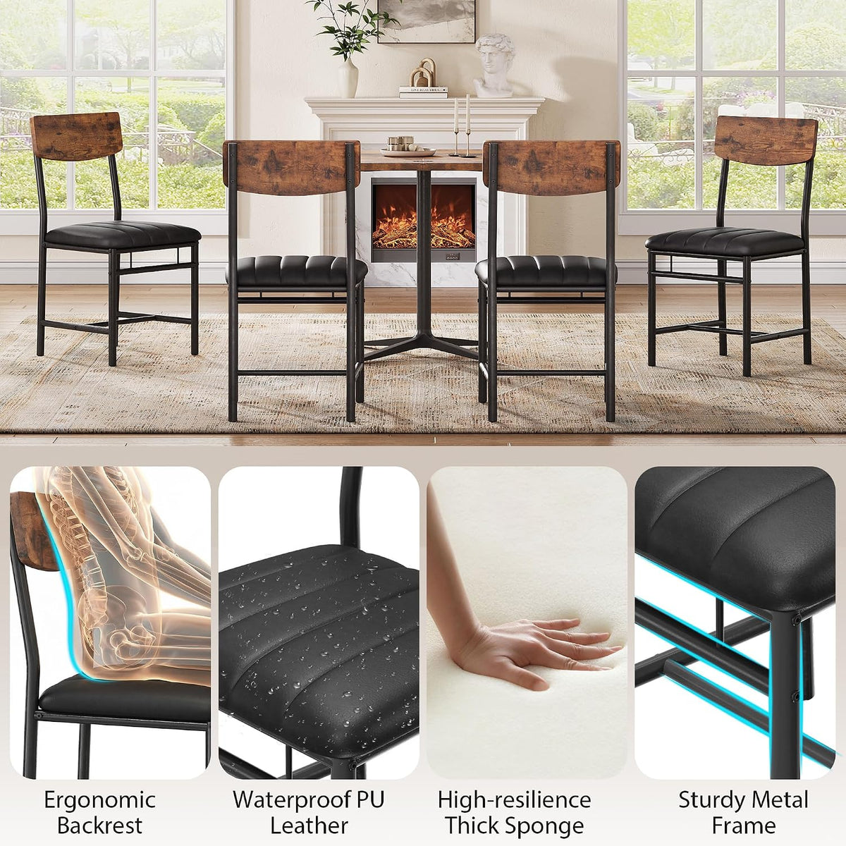 Jocoevol Industrial Dining Chairs Set of 4 - Upholstered Dining Room Chairs with PU Leather, Kitchen Chairs with Wooden Backrest and Thickened Metal Legs, for Dining Room, Living Room（Rustic Brown）