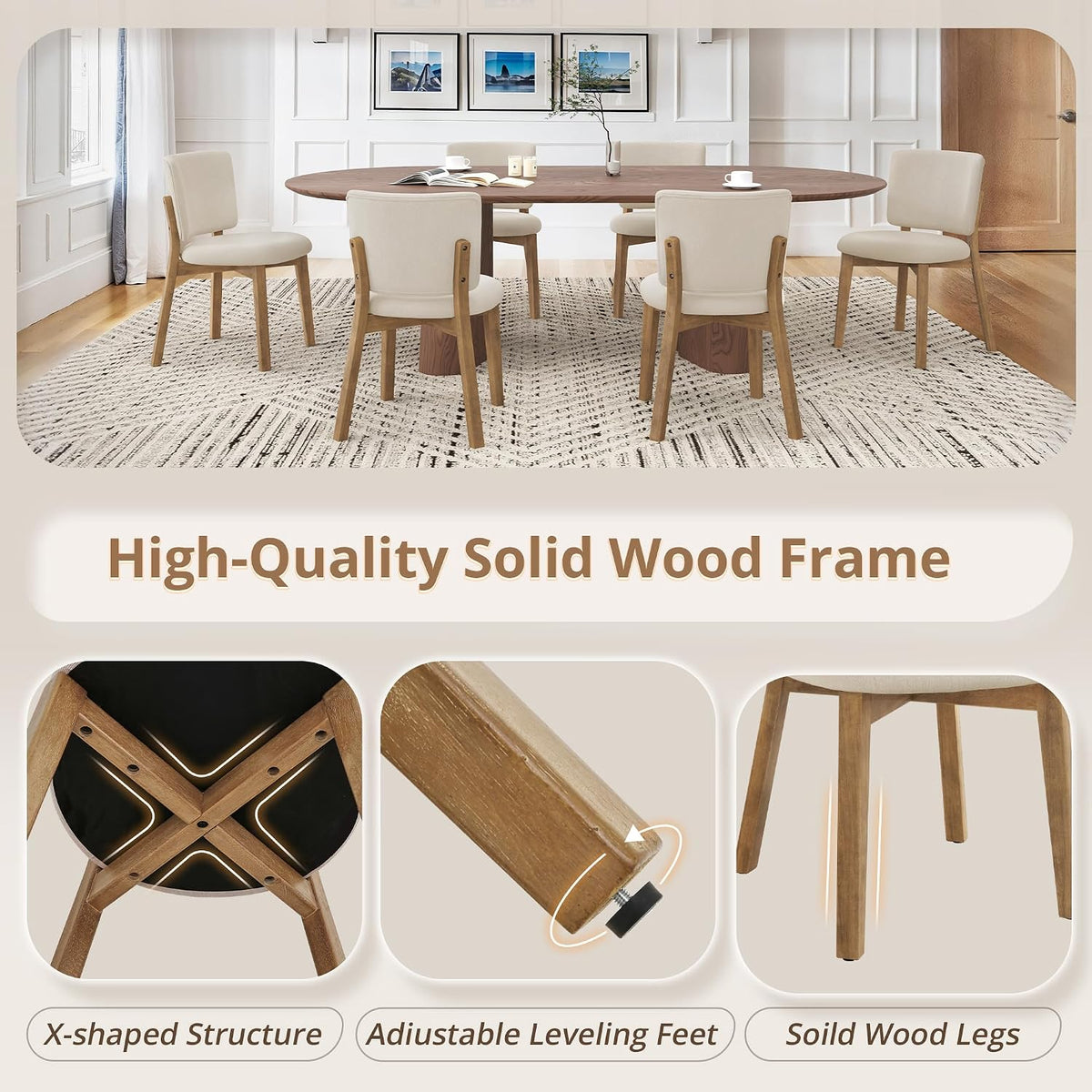 LUE BONA Linen Farmhouse Dining Chairs Set of 4, Natural Wood Leg