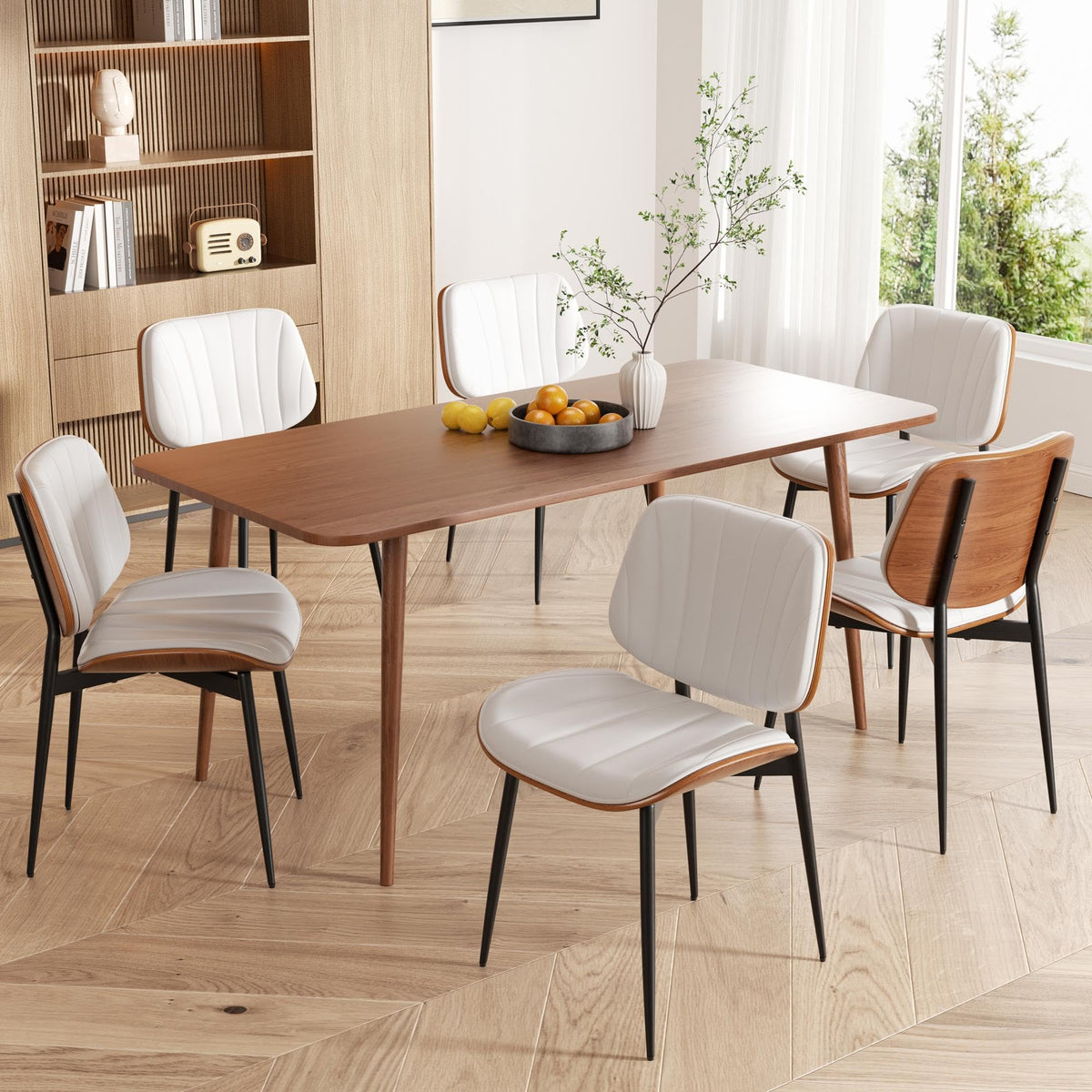 Dining Chairs Set of 2, Mid Century Modern Dining Room Chair, Upholstered Faux Leather Kitchen Chairs with Walnut Bentwood Back and Metal Legs for Kitchen Dining Room Living Room, Black