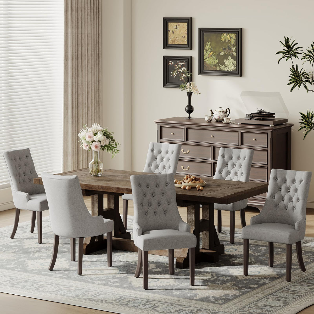 COLAMY Wingback Upholstered Dining Chairs Set of 4, Fabric Side Dining Room Chairs with Tufted Button, Living Room Chairs for Home Kitchen Resturant- Beige