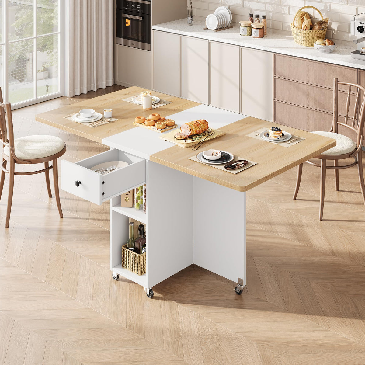 Jocoevol Space Saving Folding Dining Table for 4, Foldable Dining Table with Drawer and Storage Shelf, 6 Wheels Drop Leaf Kitchen Dining Room Table for Small Space (Natural, 47.2" x 23.6" x 29.9")