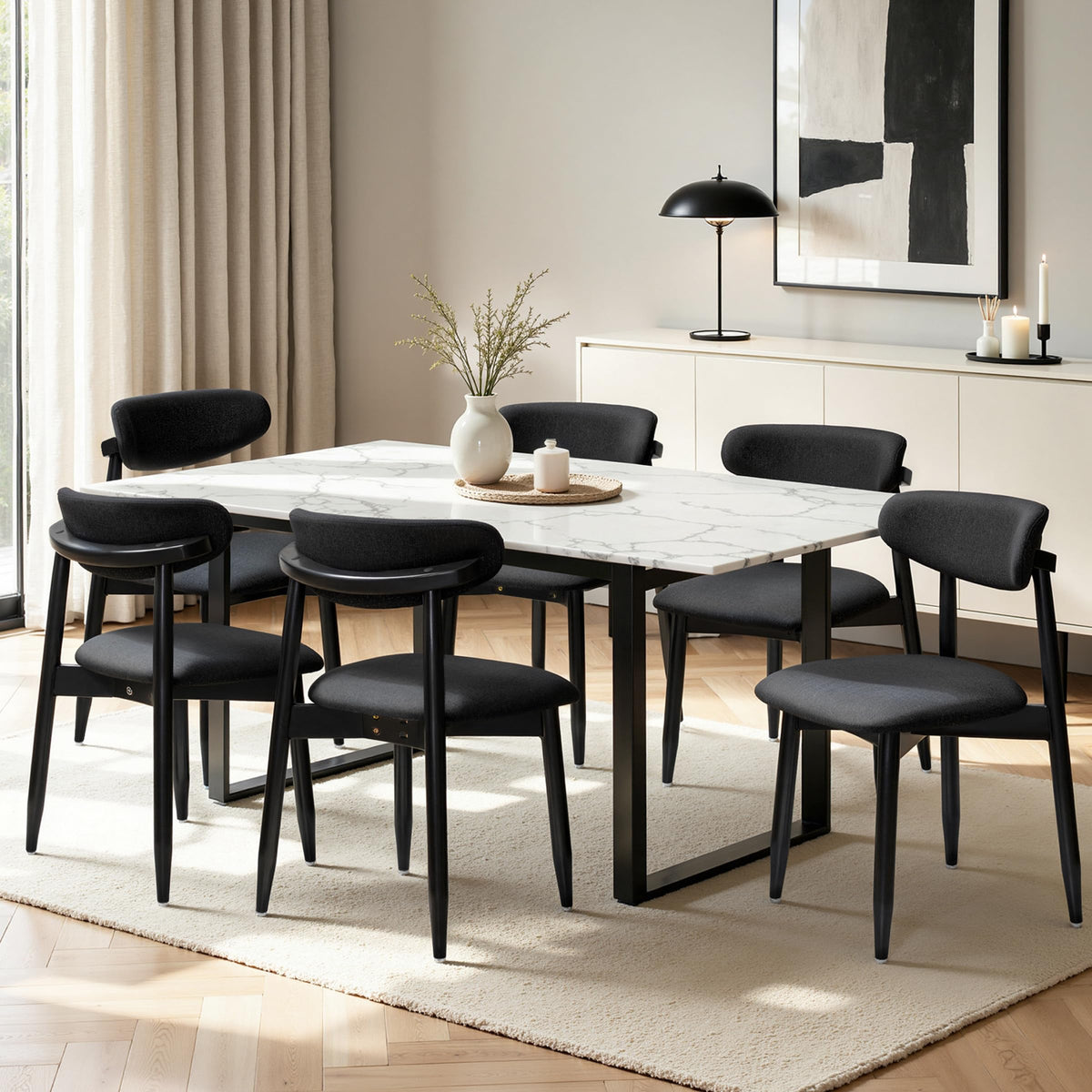CHUN YI Dining Chairs Set of 4, Upholstered Wooden Dining Room Chairs, Mid Century Modern Fabric Kitchen Chair with Ergonomic Curved Backrest, Beige (Only Chairs)