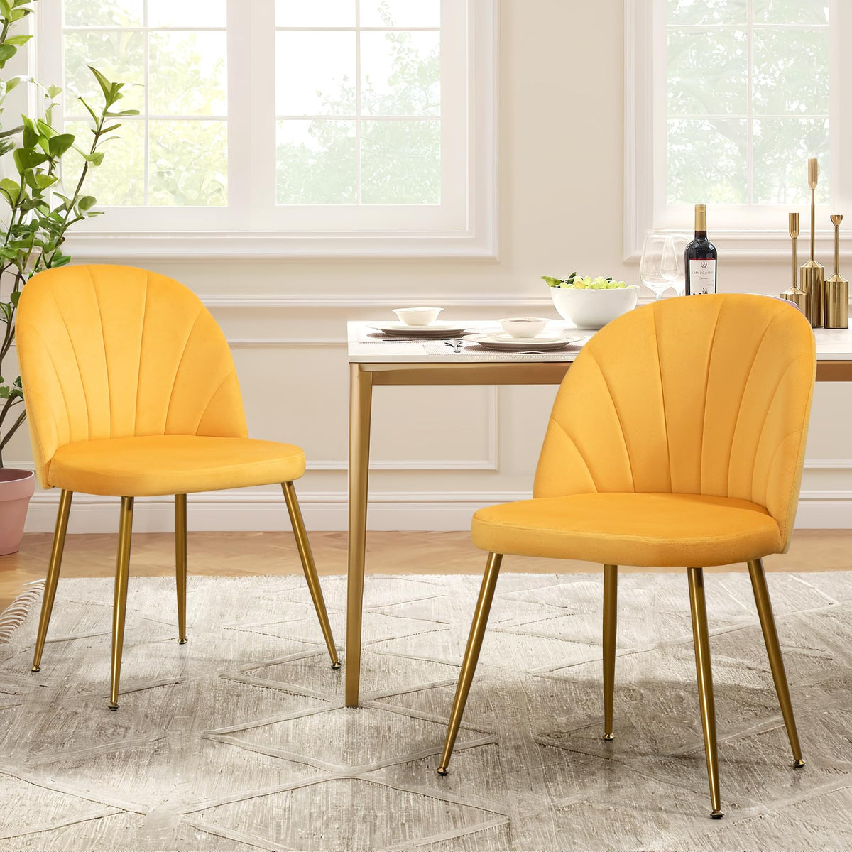 Velvet Dining Chairs Set of 4, Mid-Century Modern Upholstered Kitchen Chair with Metal Gold Legs for Living Room, Dining Room, White