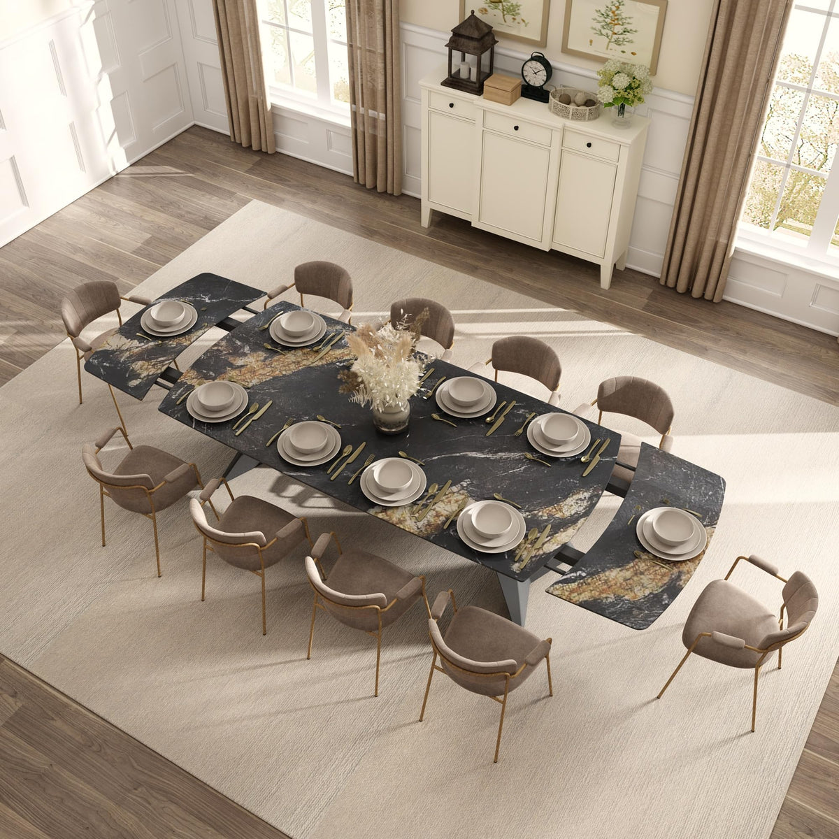 Extendable Dining Table with Leaf, 78"-110" Rectangular Sintered Stone, Marble-Look Top, Seats 6-14, Metal Base, Easy-Clean, Heat & Scratch Resistant, Dining Room/Kitchen Table for Family Gatherings