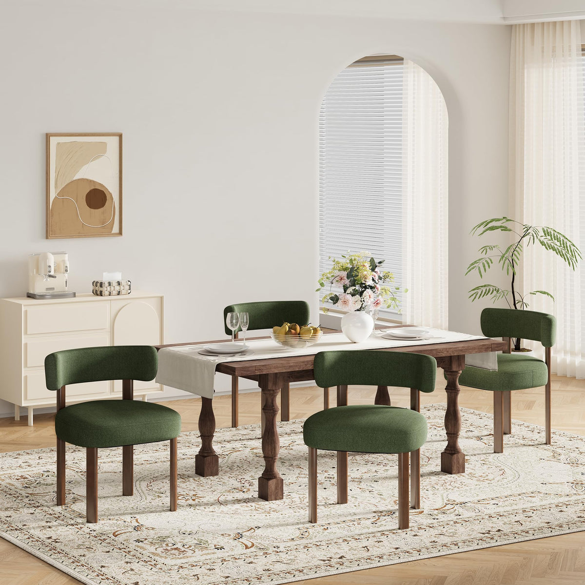 Wooden Dining Chairs Set of 2, Upholstered Kitchen Chairs with Solid Wood Legs, Mid Century Dining Room Chair with Ergonomic Curved Backrest for Kitchen Dining Vanity, Green