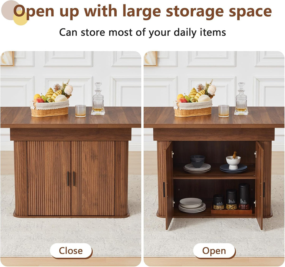 weselon 55"-71" Extendable Dining Table with Storage, Expandable Kitchen Table for 4-6, Space Saving Dining Room Table with Hidden Storage Cabinet, Adjustable Shelves & Fluted Base (Walnut)