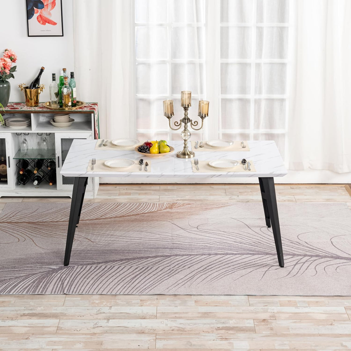 Homy Casa 63-Inch Dining Table Rectangular Kitchen Table for 4-6, Dining Room Table with Wooden Top and Metal Legs, White Marble