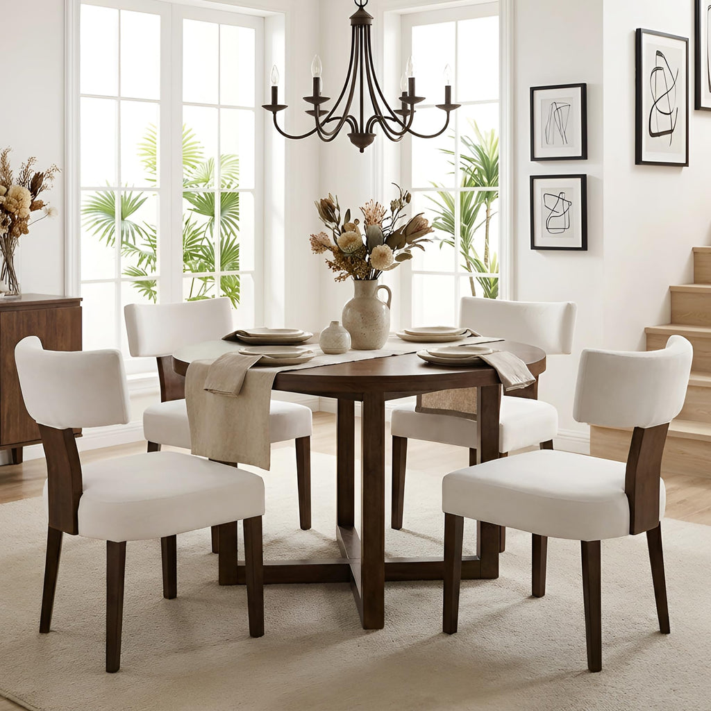 HNY Mid Century Modern Dining Chairs Set of 4, Upholstered Linen Kitchen & Dining Room Chairs with Ergonomic Curved Backrest, Solid Wood Legs, Farmhouse Accent Chair for Home, Apartment, Beige