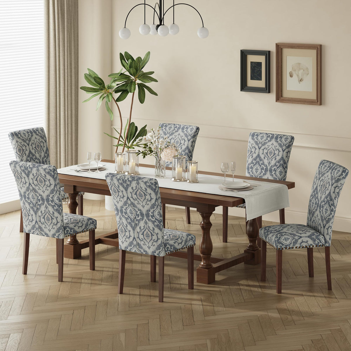 COLAMY Upholstered Parsons Dining Chairs Set of 4, Fabric Dining Room Kitchen Side Chair with Nailhead Trim and Wood Legs - Blue/White Flower