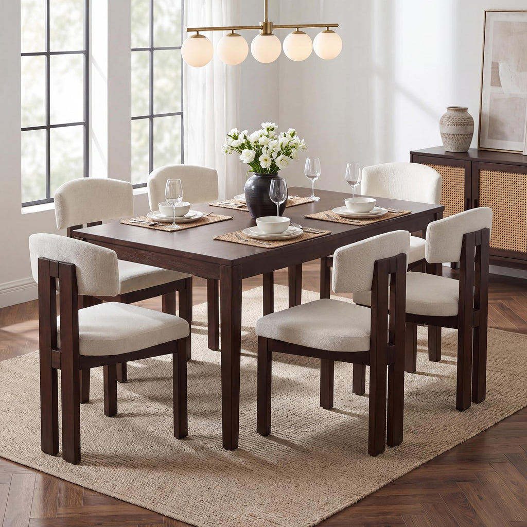 COLAMY Upholstered Dining Chairs Set of 6, Solid Wood Wobble-Free Modern Kitchen Accent Seating for Long Family Dinners, Mid Century Beige Fabric & Walnut Finish,Camel
