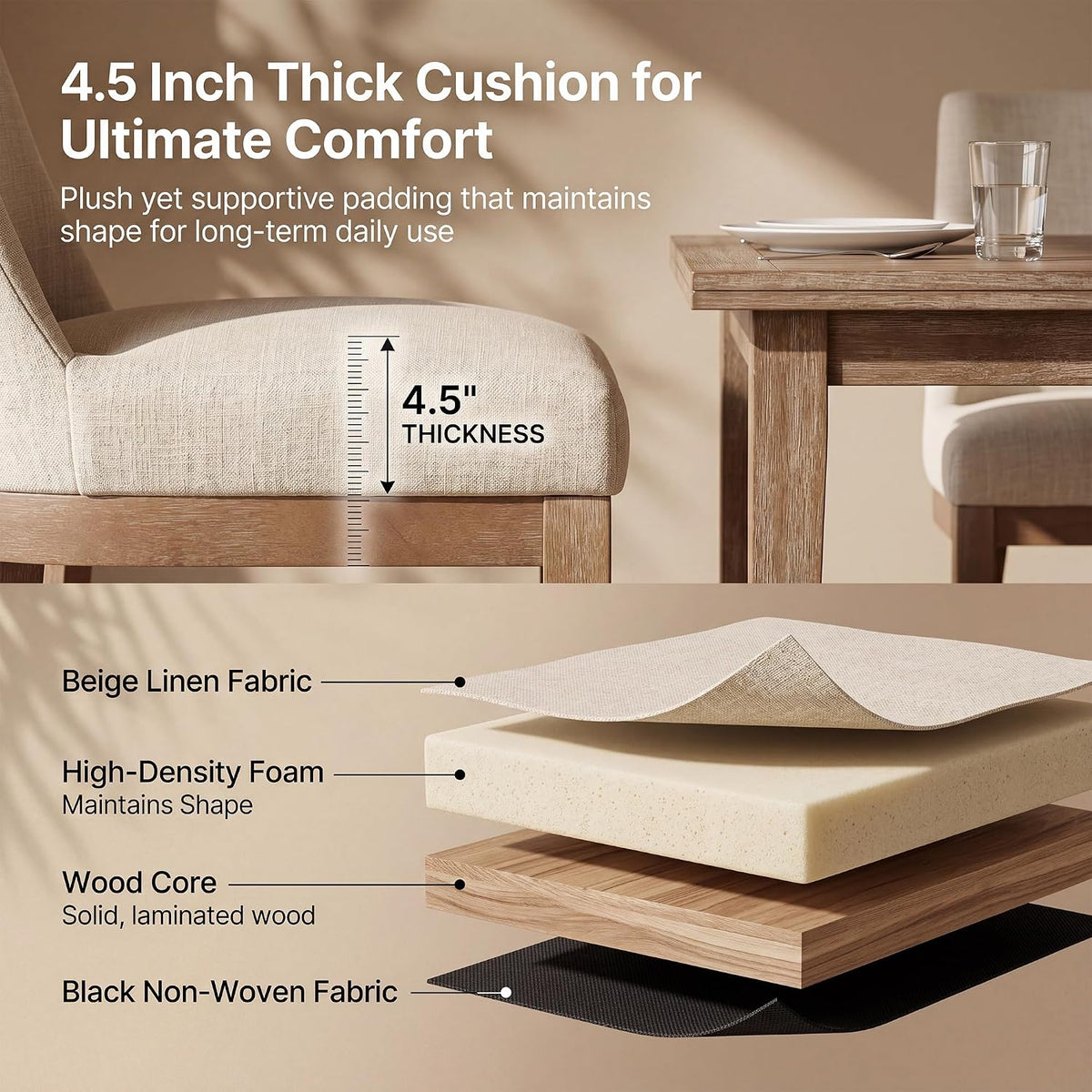 HNY Modern Dining Chairs Set of 6 with Comfortable Back Support, Farmhouse Soft Linen Upholstered Kitchen Dining Room Chairs with Solid Wood Legs, Armless Accent Side Chairs for Living Room, Beige