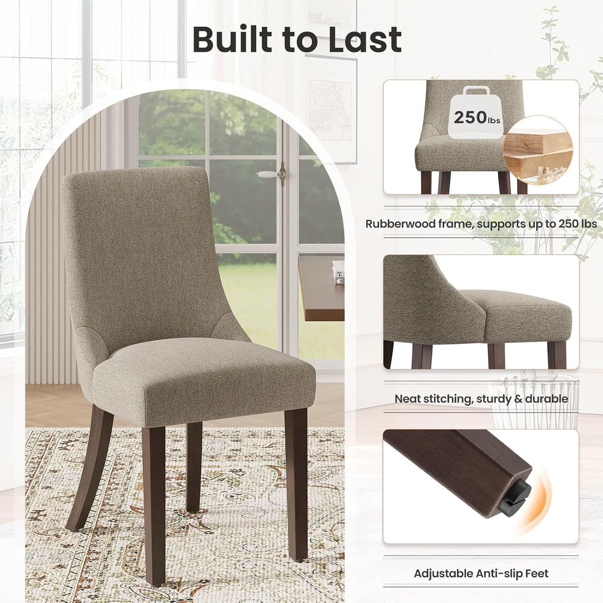 MALOL Wooden Dining Chairs Set of 6, Upholstered Kitchen & Dining Room Chairs with Solid Wood Legs Curved Backrest Farmhouse Accent Chair for Dining/Kitchen/Living Room, Camel