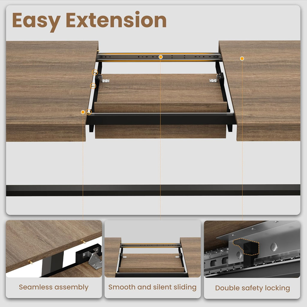 GarveeHome 63-83" Extendable Dining Table, Industrial Rectangular Dining Room Table for 6-8 People, Expandable Kitchen Table with Heavy Duty Metal Frame for Dining Room, Kitchen & Parties, Rustic Pear