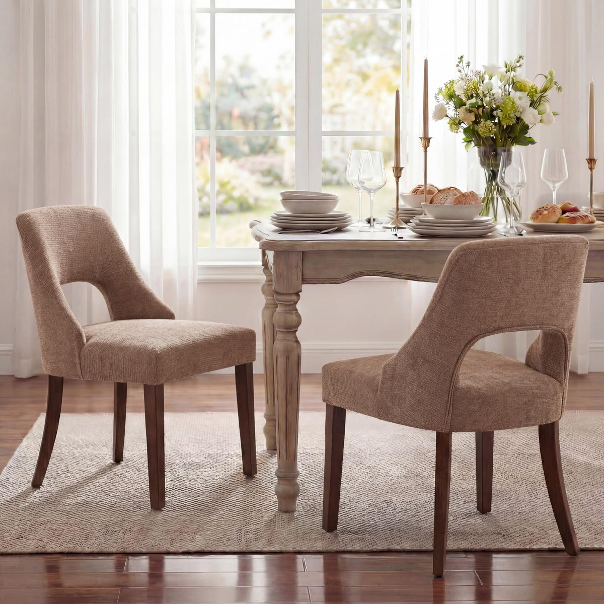 UVV Wooden Dining Chairs Set of 2, Mid Century Modern Chenille Upholstered Dining Room Chair Kitchen Chairs, Farmhouse Dinner Chair with Solid Wood Legs for Kitchen Dining Room, Green