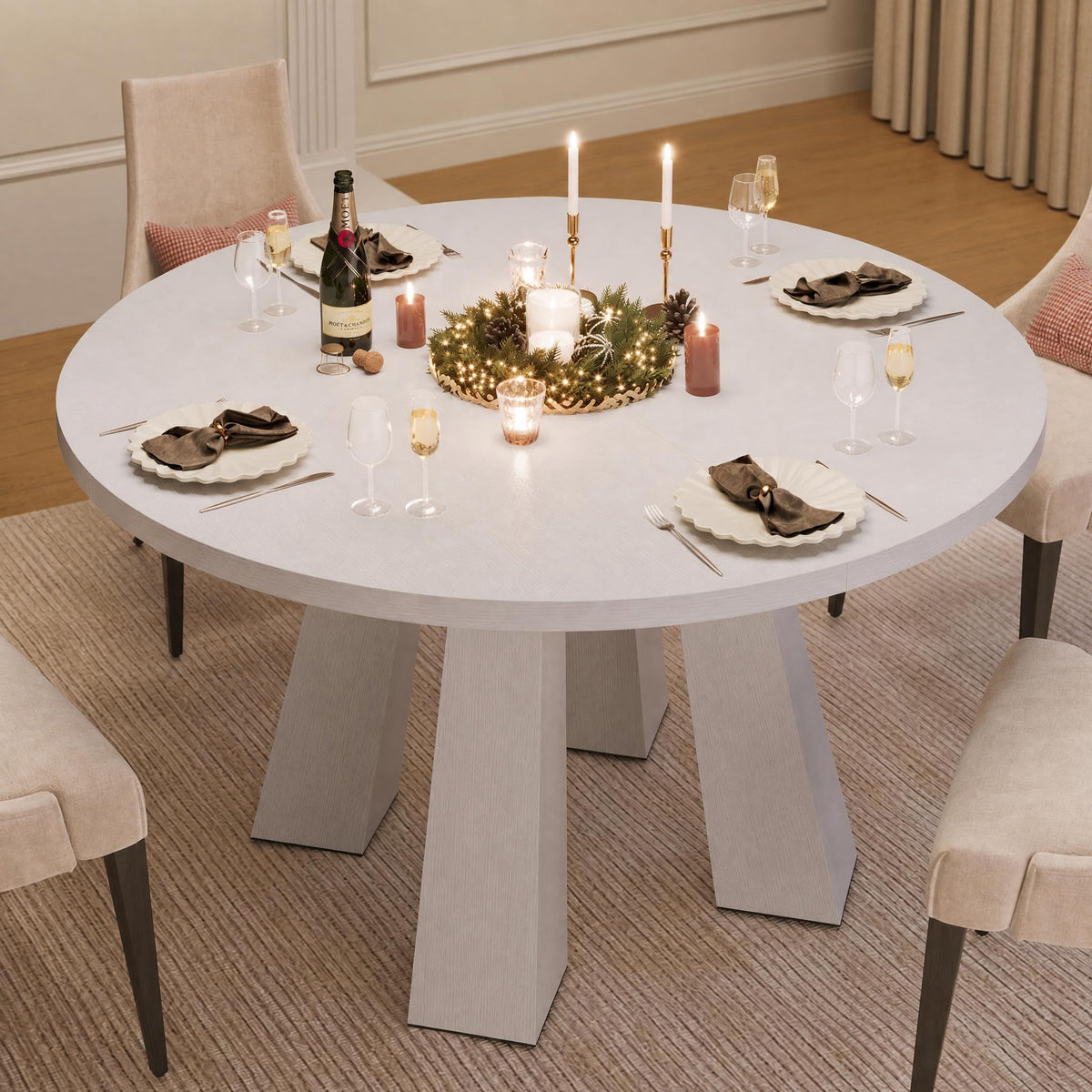 IDEALHOUSE 47" Round Dining Table for 4-6, Farmhouse Wood Kitchen Table