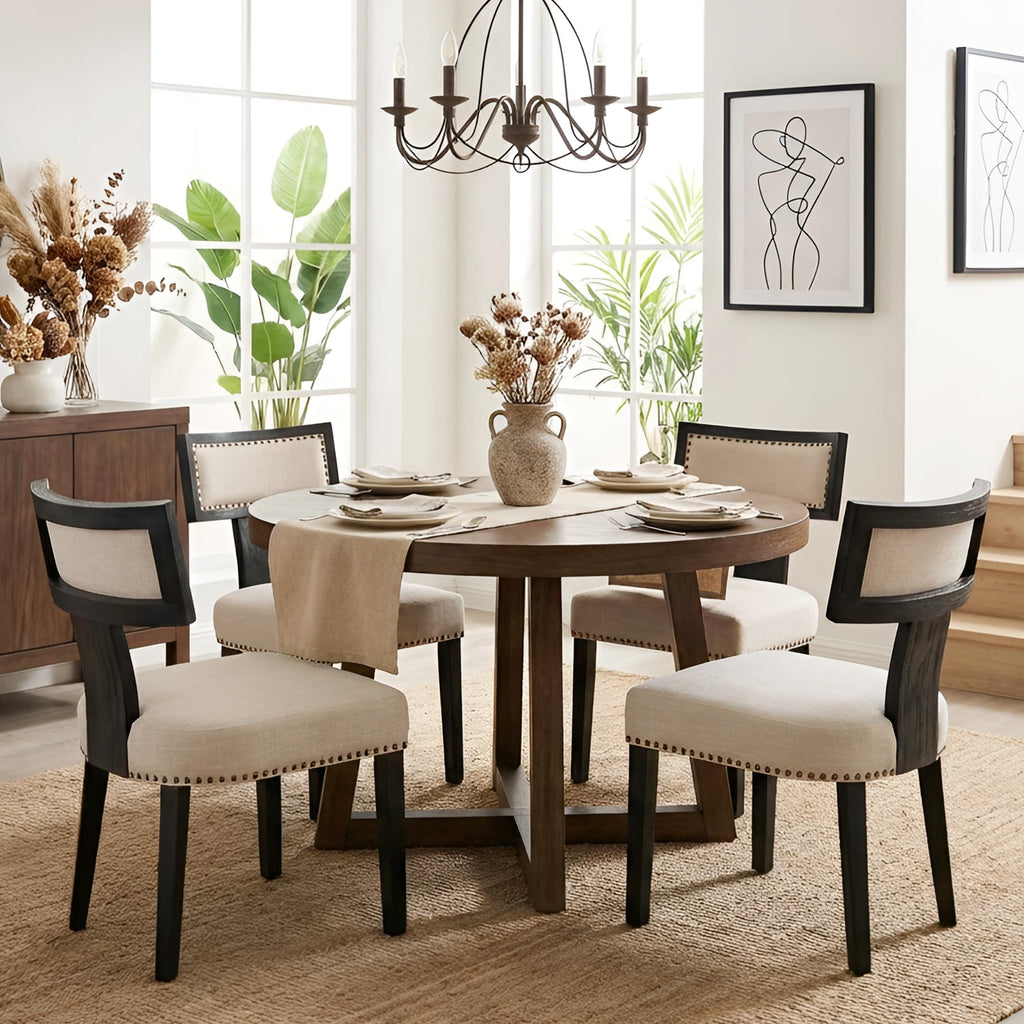HNY Mid Century Modern Dining Chairs Set of 4, Upholstered Linen Kitchen & Dining Room Chairs with Ergonomic Curved Backrest, Solid Wood Legs, Farmhouse Accent Chair for Home, Apartment, Beige