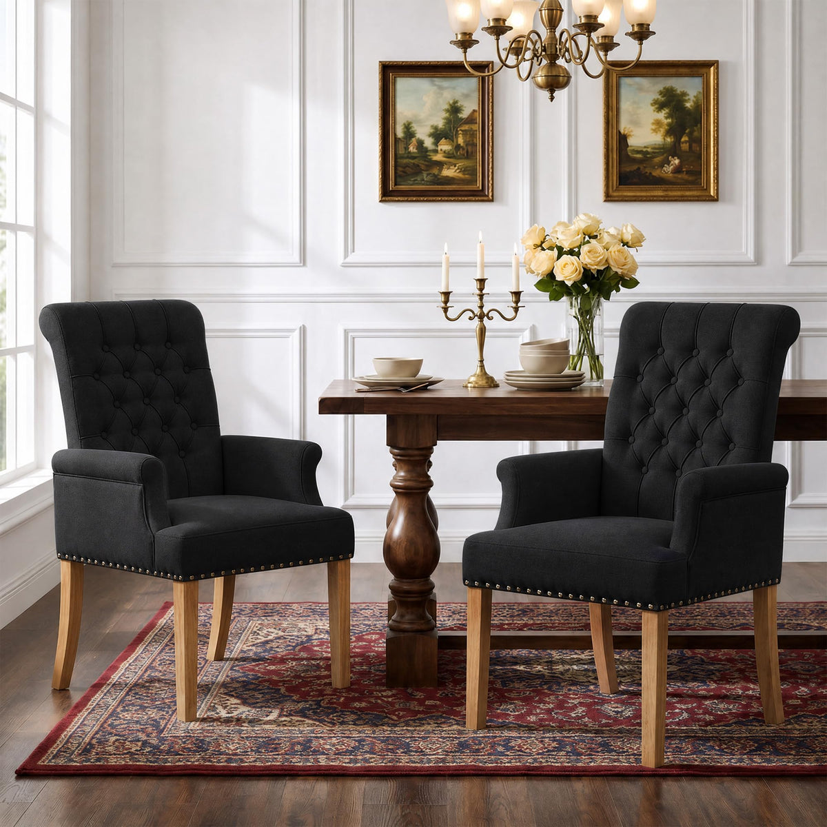 WUTUTUEE Fabric Dining Chair with Arms, Upholstered Tufted High Back Dining Room Chairs, Accent Armchair with Solid Wood Leg and Nailhead Trim, Kitchen Dining Living Room, Beige
