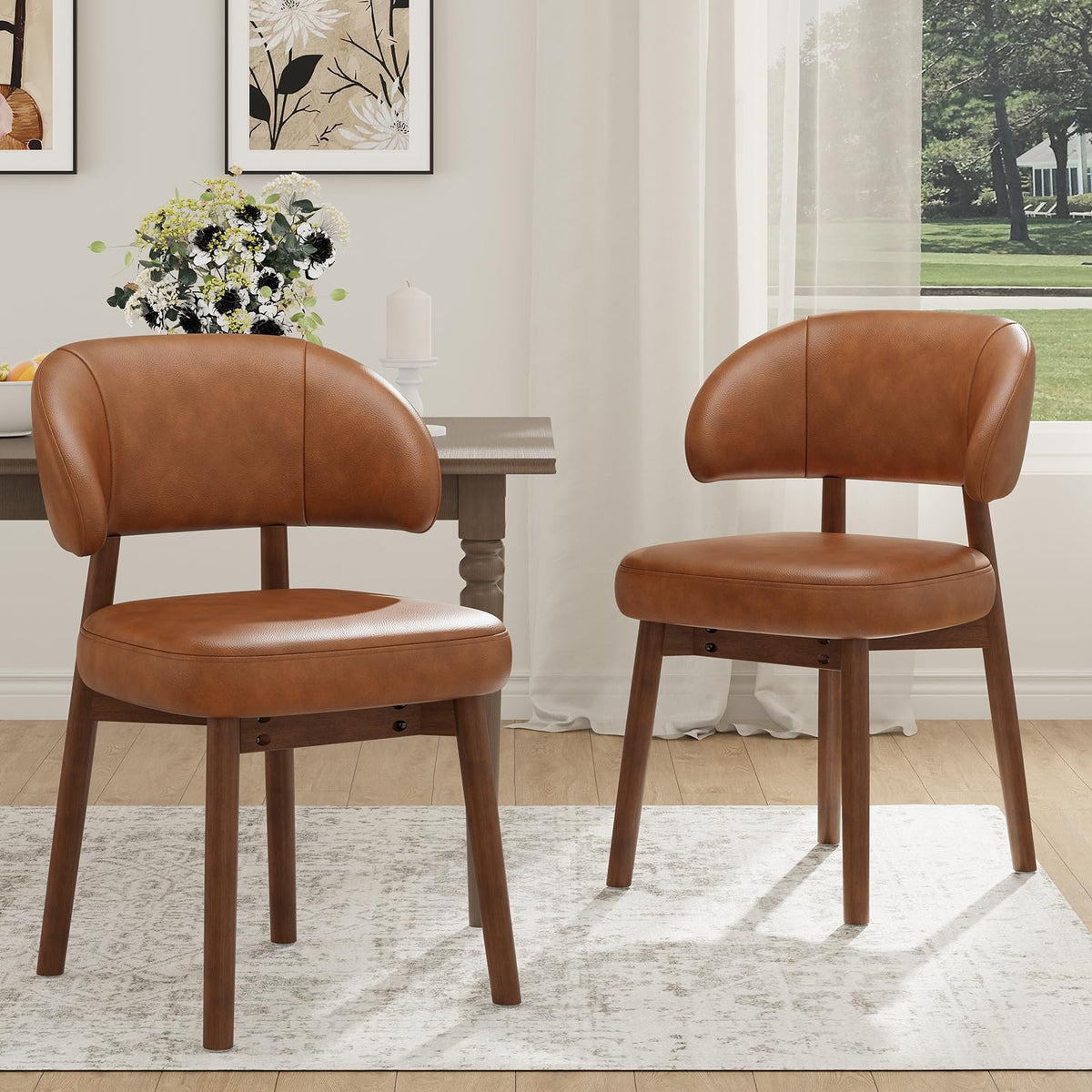 MALOL Wooden Dining Chairs Set of 4, Modern Upholstered Dining Room Kitchen Side Chairs with Curved Open Back for Living Room/Restaurant/Cafe, Brown