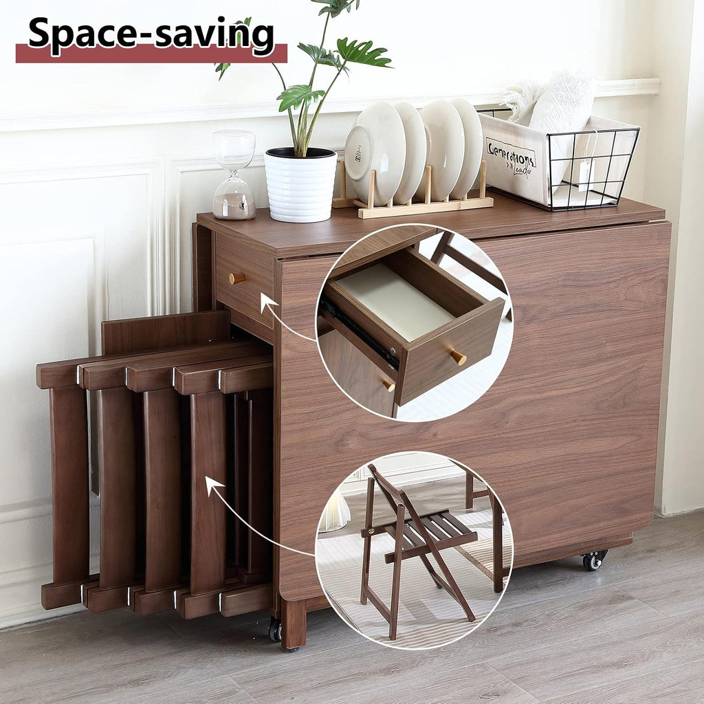 COMUHOME Drop Leaf Folding Dining Table with Storage, Wheels, Space Saving