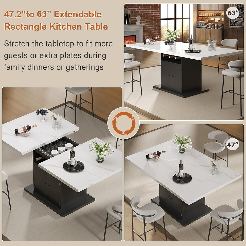Extendable Rectangle Dining Table for 4-6, 47-63 Inch Faux Marble Kitchen Table with Storage Shelves and Wine Rack, Expandable Modern Rectangular Dinner Table for Kitchen, Dining Room, Black Pedestal