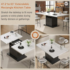 Extendable Rectangle Dining Table for 4-6, 47-63 Inch Faux Marble Kitchen Table with Storage Shelves and Wine Rack, Expandable Modern Rectangular Dinner Table for Kitchen, Dining Room, Black Pedestal