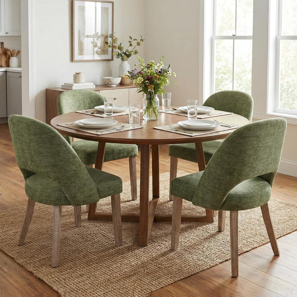 Wooden Dining Chairs Set of 4, Green Chenille Kitchen Dining Chairs
