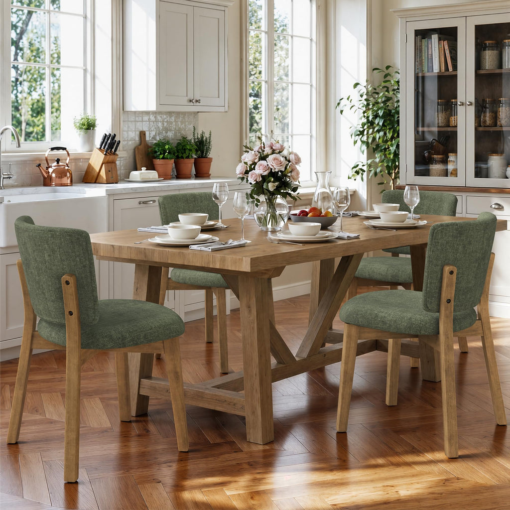 LUE BONA Linen Farmhouse Dining Chairs Set of 4, Natural Wood Leg