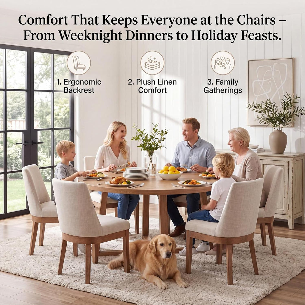 HNY Modern Dining Chairs Set of 6 with Comfortable Back Support, Farmhouse Soft Linen Upholstered Kitchen Dining Room Chairs with Solid Wood Legs, Armless Accent Side Chairs for Living Room, Beige