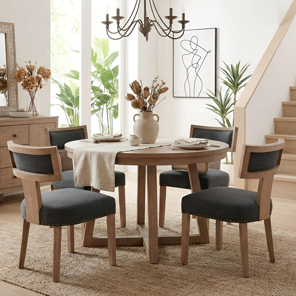 HNY Mid Century Modern Dining Chairs Set of 4, Upholstered Linen Kitchen & Dining Room Chairs with Ergonomic Curved Backrest, Solid Wood Legs, Farmhouse Accent Chair for Home, Apartment, Beige