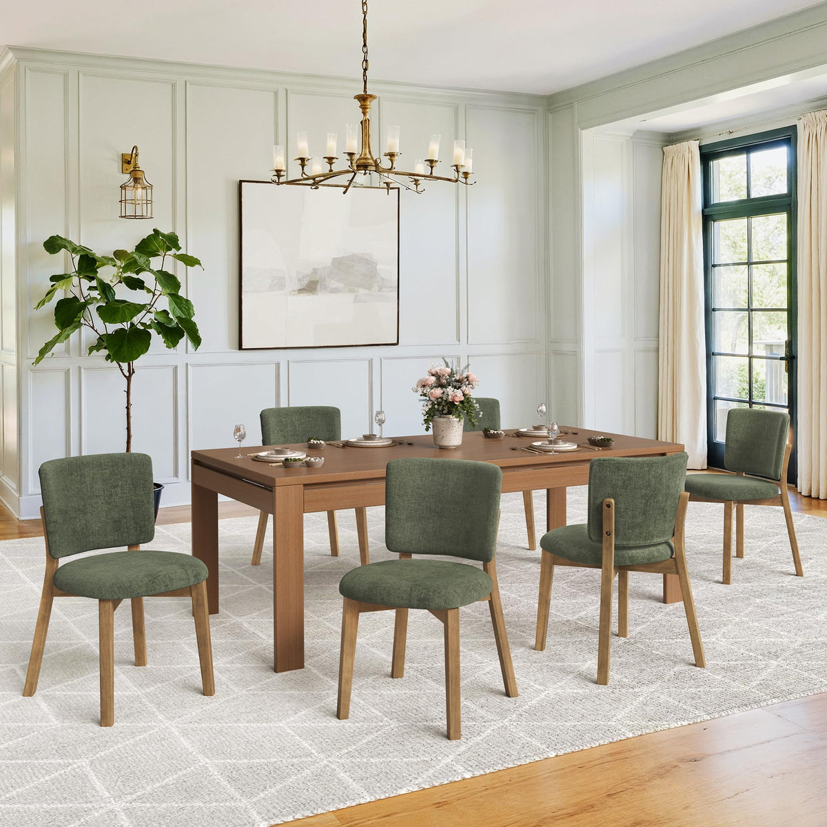 LUE BONA Linen Farmhouse Dining Chairs Set of 4, Natural Wood Leg