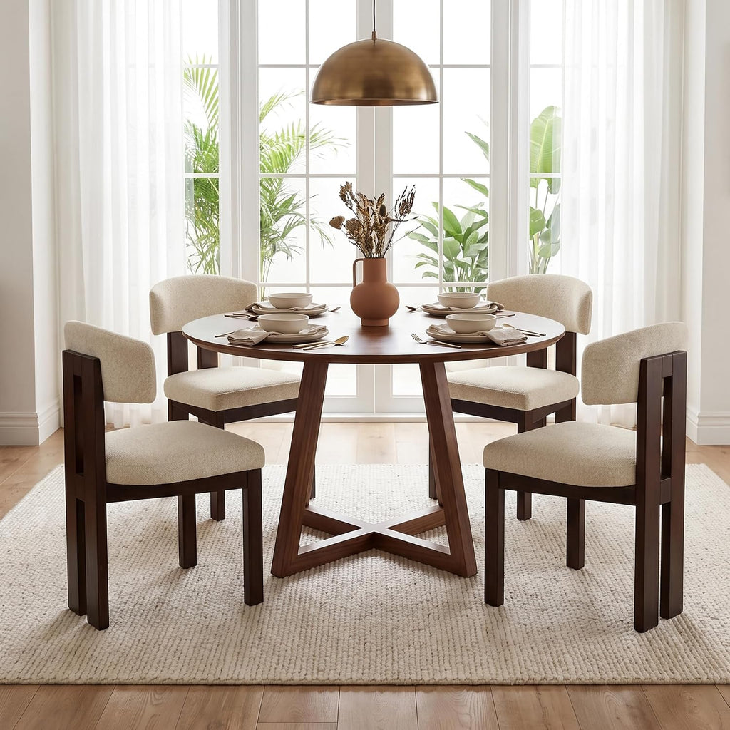 COLAMY Upholstered Dining Chairs Set of 6, Solid Wood Wobble-Free Modern Kitchen Accent Seating for Long Family Dinners, Mid Century Beige Fabric & Walnut Finish,Camel