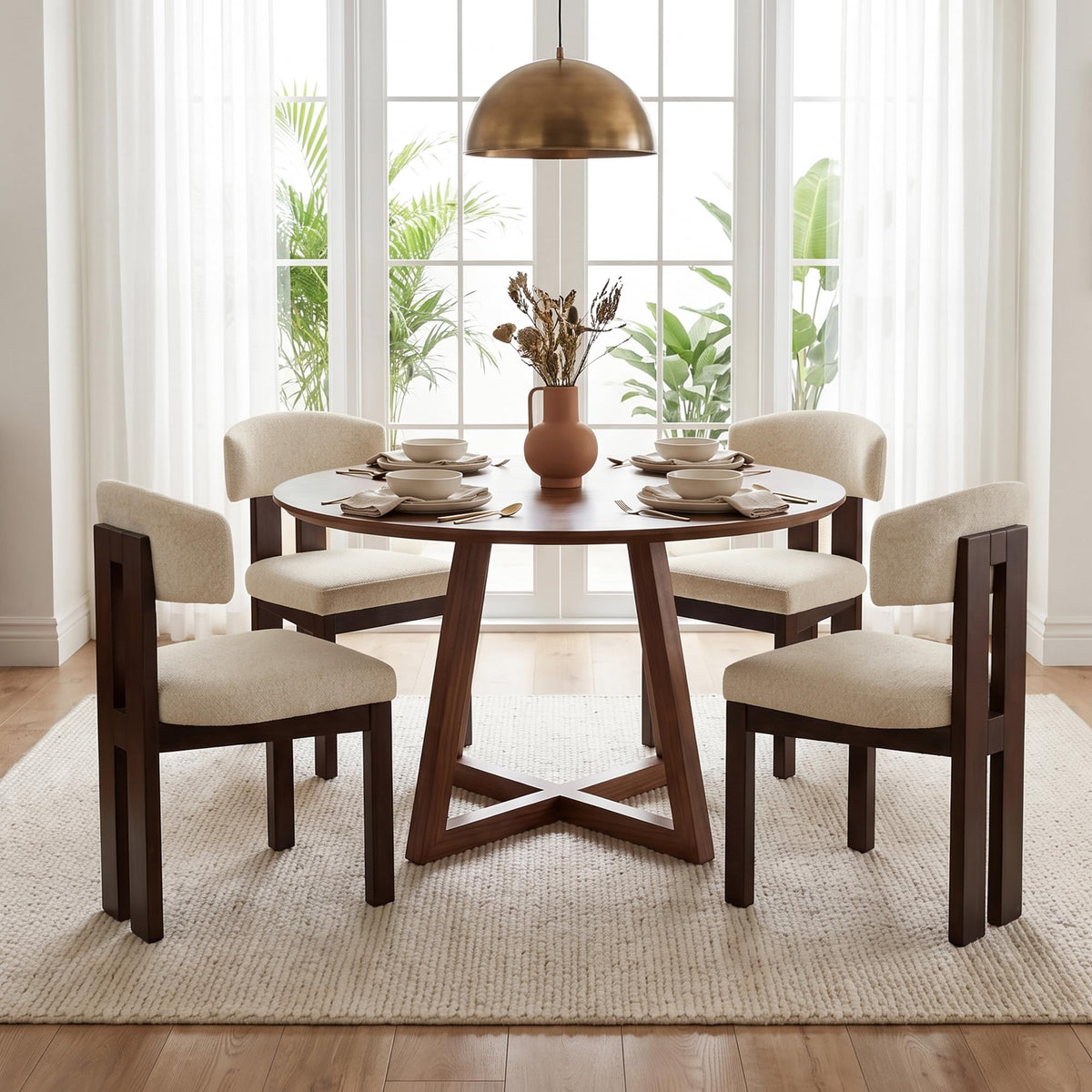 COLAMY Upholstered Dining Chairs Set of 6, Solid Wood Wobble-Free Modern Kitchen Accent Seating for Long Family Dinners, Mid Century Beige Fabric & Walnut Finish,Camel