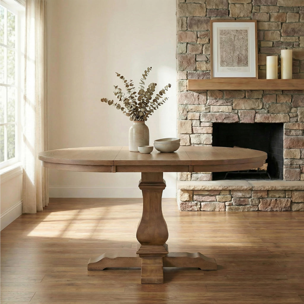 Merax Rustic Expandable Pedestal Dining Table, 39" Round to 57" with Extension Leaf, Rubberwood Base, Farmhouse Kitchen Table for 4-6, Walnut