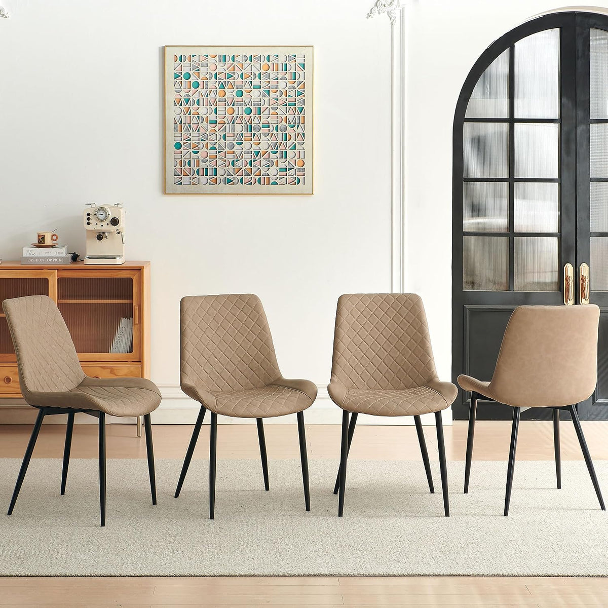 PU Leather Dining Chairs Set of 4, Modern Armless Dining Room Chairs, Comfy Upholstered Kitchen Chairs with Backrest, Black Metal Legs for Living Room, Dinning Room, Beige