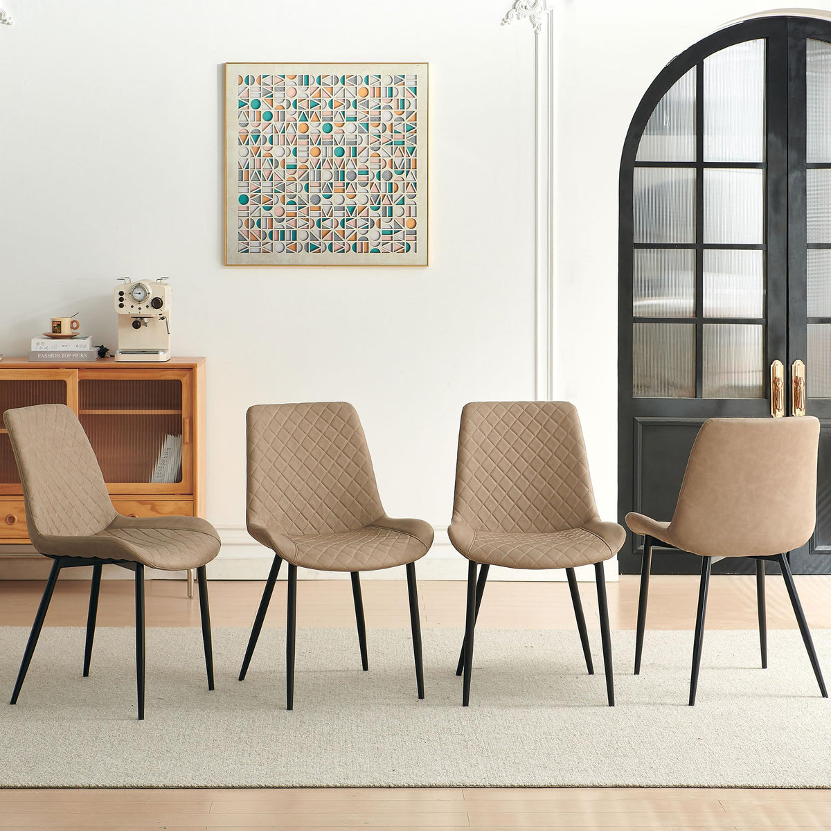 PU Leather Dining Chairs Set of 4, Modern Armless Dining Room Chairs, Comfy Upholstered Kitchen Chairs with Backrest, Black Metal Legs for Living Room, Dinning Room, Beige