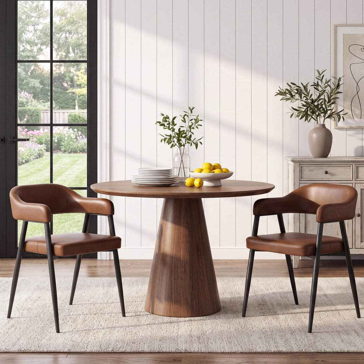 HNY Modern Dining Room Arm Chairs Set of 6, Retro Faux Leather Upholstered Barrel Dining Chairs with Arms Mid-Century Brown Accent Chair with Metal Legs, Open-Back Kitchen Side Chair for Living Room