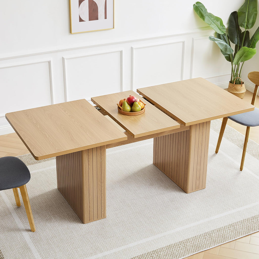 weselon 55"-71" Extendable Dining Table with Storage, Expandable Kitchen Table for 4-6, Space Saving Dining Room Table with Hidden Storage Cabinet, Adjustable Shelves & Fluted Base (Walnut)