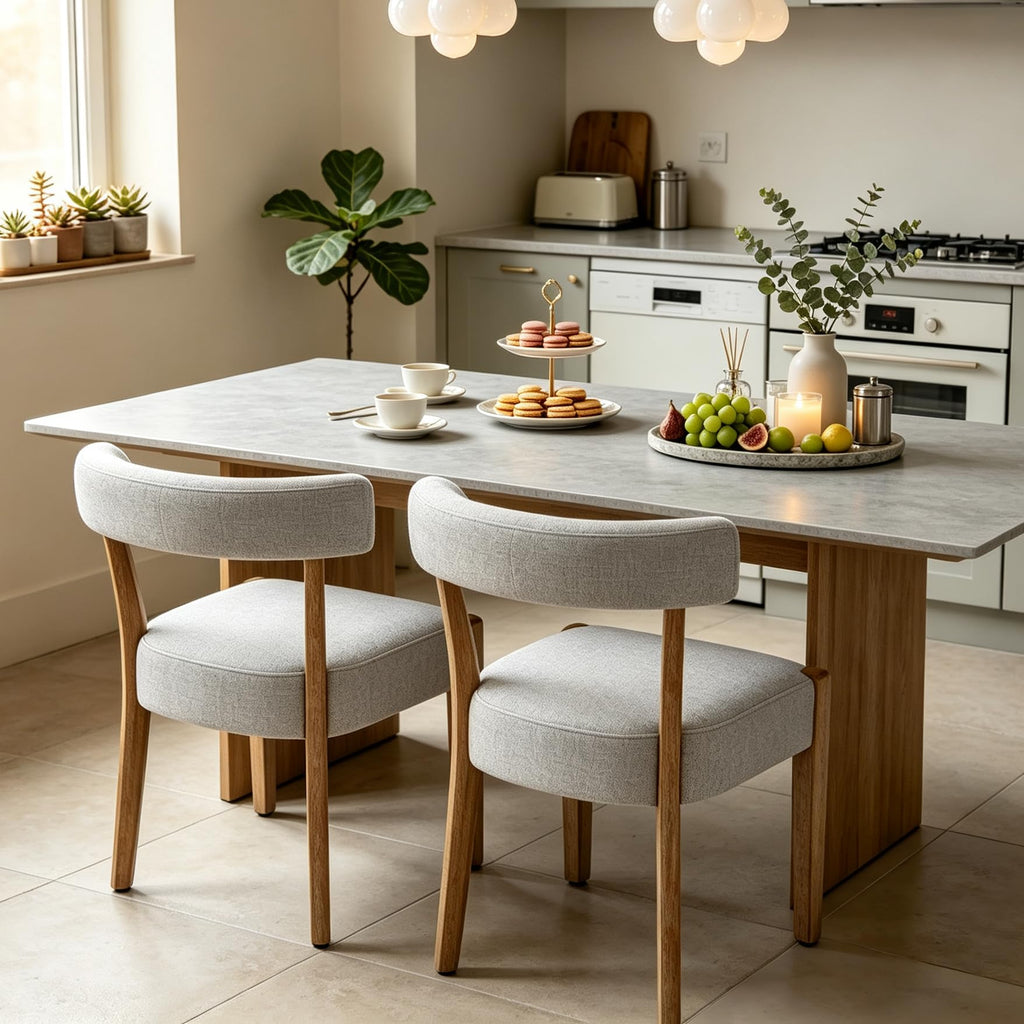 RNKSFX Modern Dining Chairs Set of 4, Faux Leather Upholstered Kitchen & Dining Room Chairs, Mid Century Modern Wooden Dining Chairs Oversized Sturdy Rounded Chairs Curved Back, Beige