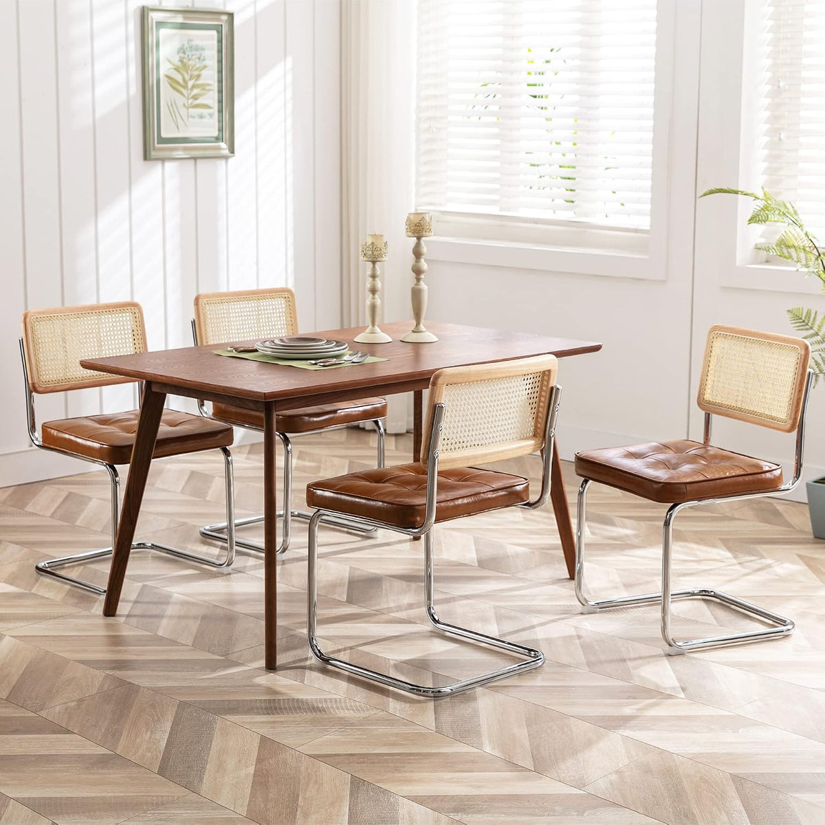 ONEVOG Faux Leather Dining Chairs Set of 2, Mid-Century Modern Kitchen Chairs with Natural Rattan Back and Non-Slip Metal Legs, 19" Upholstered Armless Dining Room Chairs, Caramel Brown