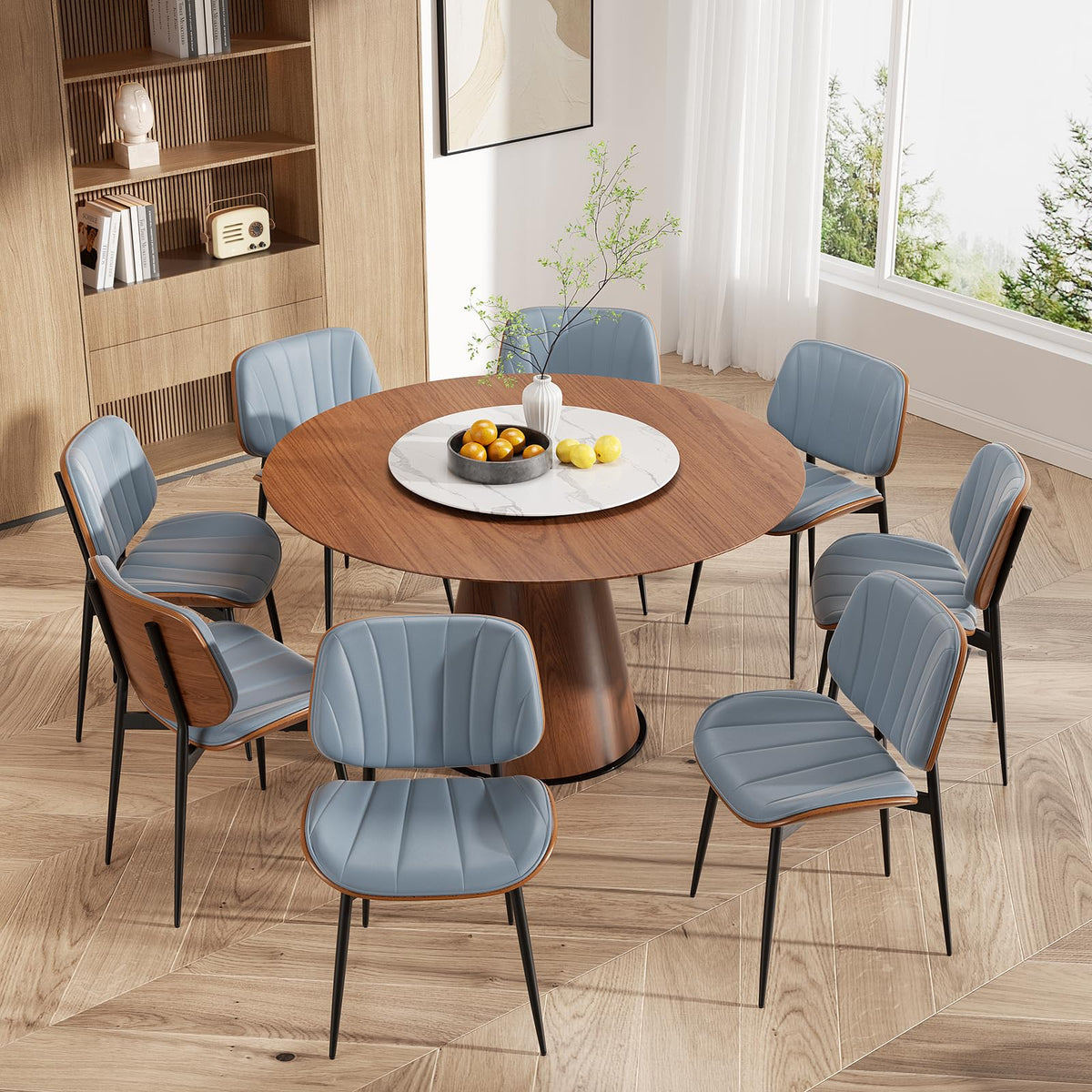 Dining Chairs Set of 2, Mid Century Modern Dining Room Chair, Upholstered Faux Leather Kitchen Chairs with Walnut Bentwood Back and Metal Legs for Kitchen Dining Room Living Room, Black