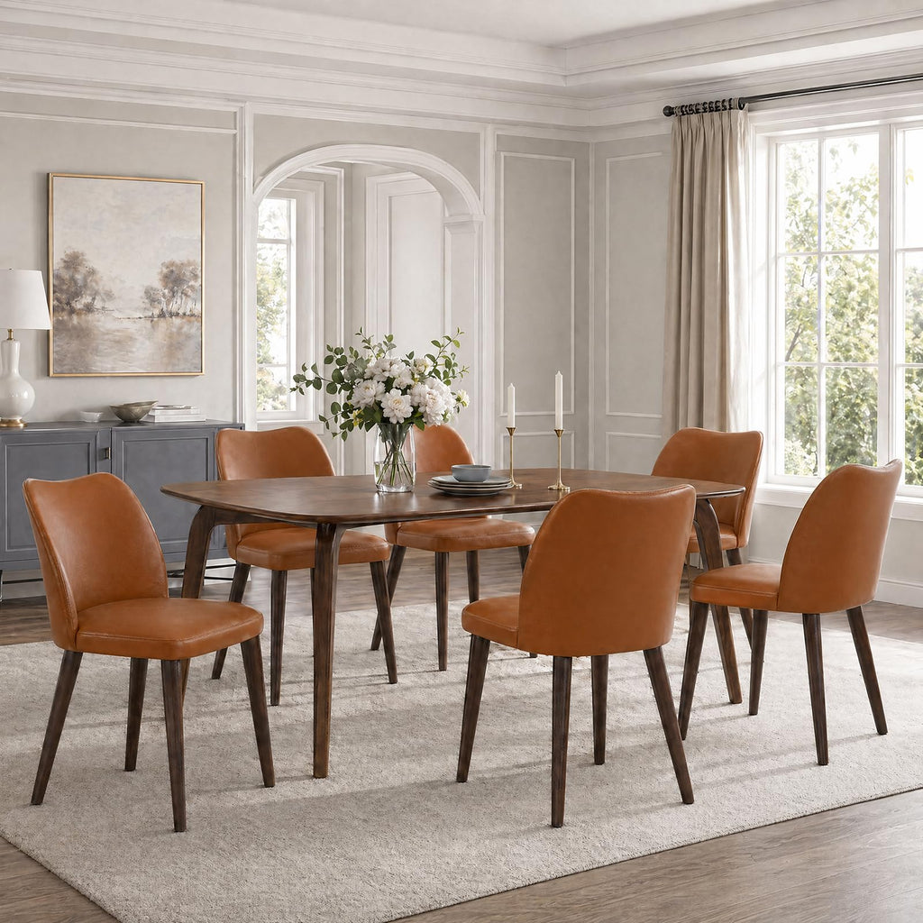 COLAMY Upholstered Dining Chairs Set of 6, Modern Kitchen & Dining Room Chairs with Curved Back, Fabric Padded Seat and Solid Wood Legs, Side Chairs for Restaurant, Cafe & Home, Beige