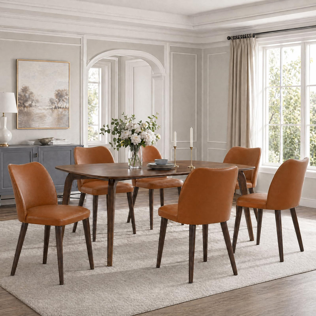 COLAMY Upholstered Dining Chairs Set of 6, Modern Kitchen & Dining Room Chairs with Curved Back, Fabric Padded Seat and Solid Wood Legs, Side Chairs for Restaurant, Cafe & Home, Beige