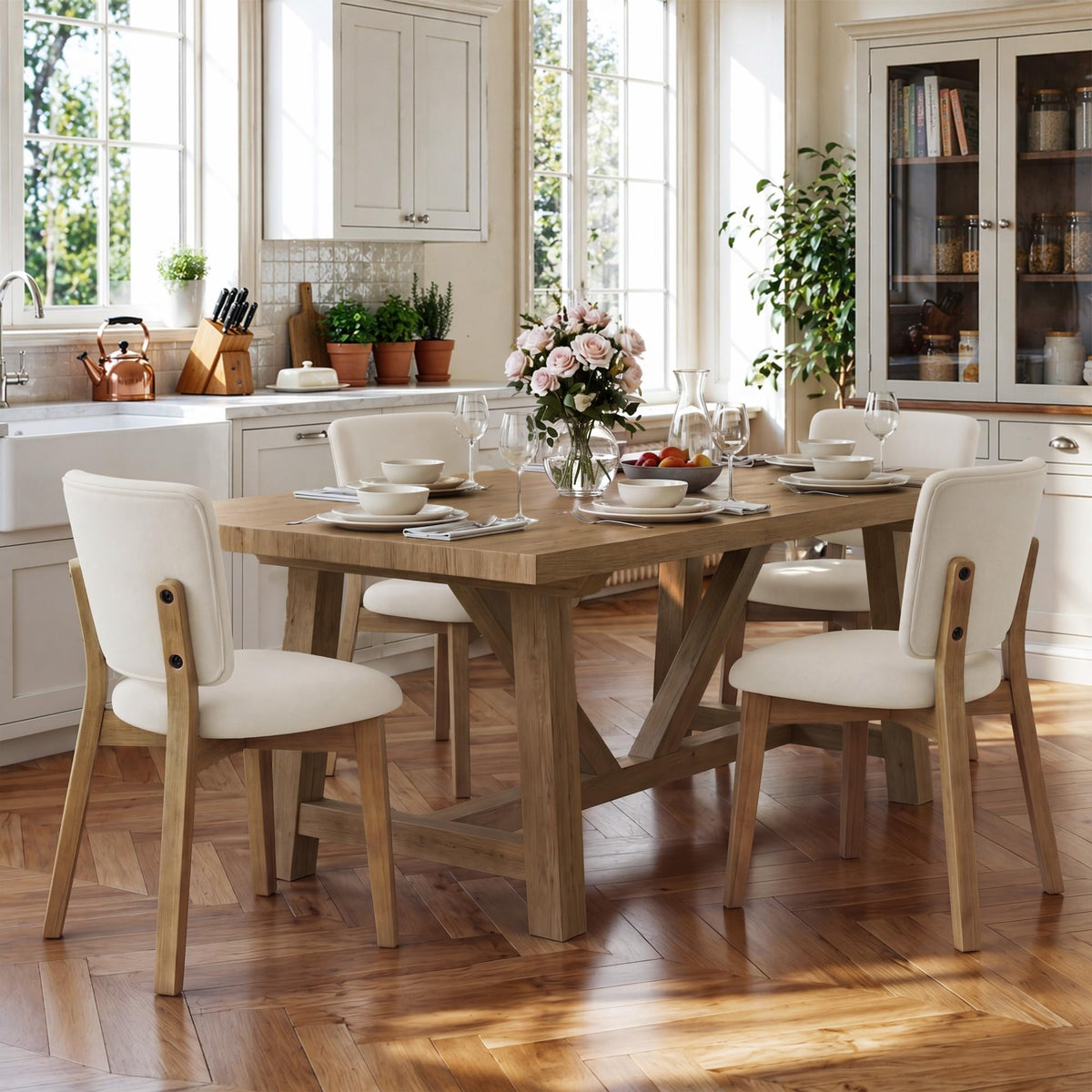 LUE BONA Linen Farmhouse Dining Chairs Set of 4, Natural Wood Leg