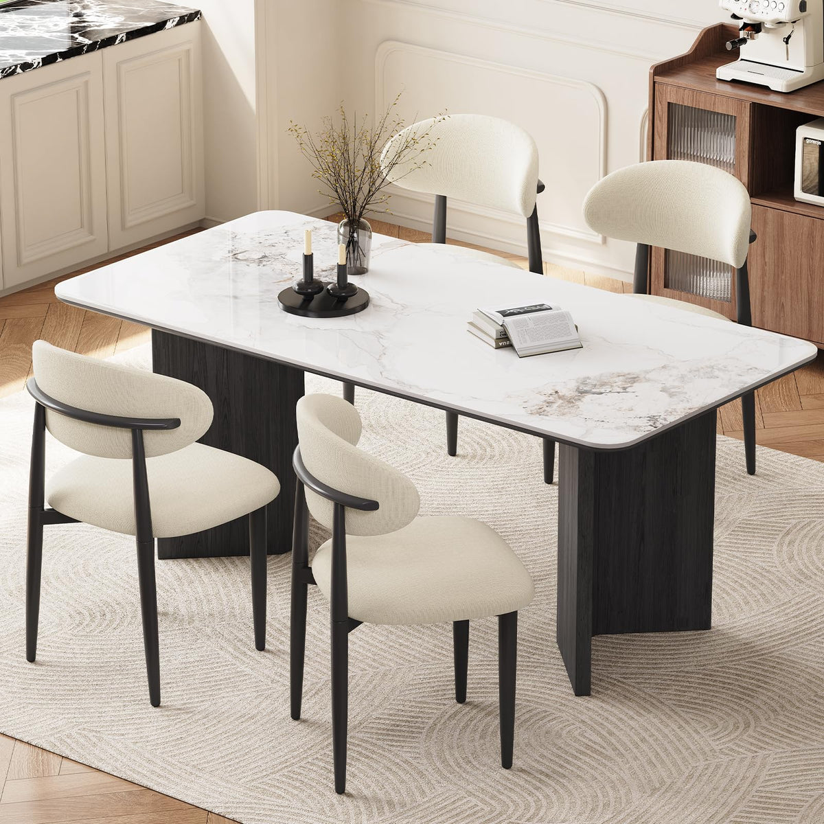 Dining Chairs, Modern Fabric Upholstered Dining Room Chair MetalKitchen Chairs, Farmhouse Dinner Chair for Kitchen Dining Room, Beige (4, Beige Seat/Wood-Grain Metal Legs)