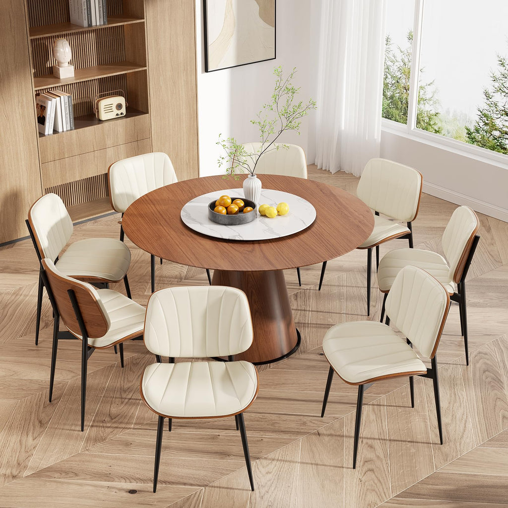 Dining Chairs Set of 2, Mid Century Modern Dining Room Chair, Upholstered Faux Leather Kitchen Chairs with Walnut Bentwood Back and Metal Legs for Kitchen Dining Room Living Room, Black
