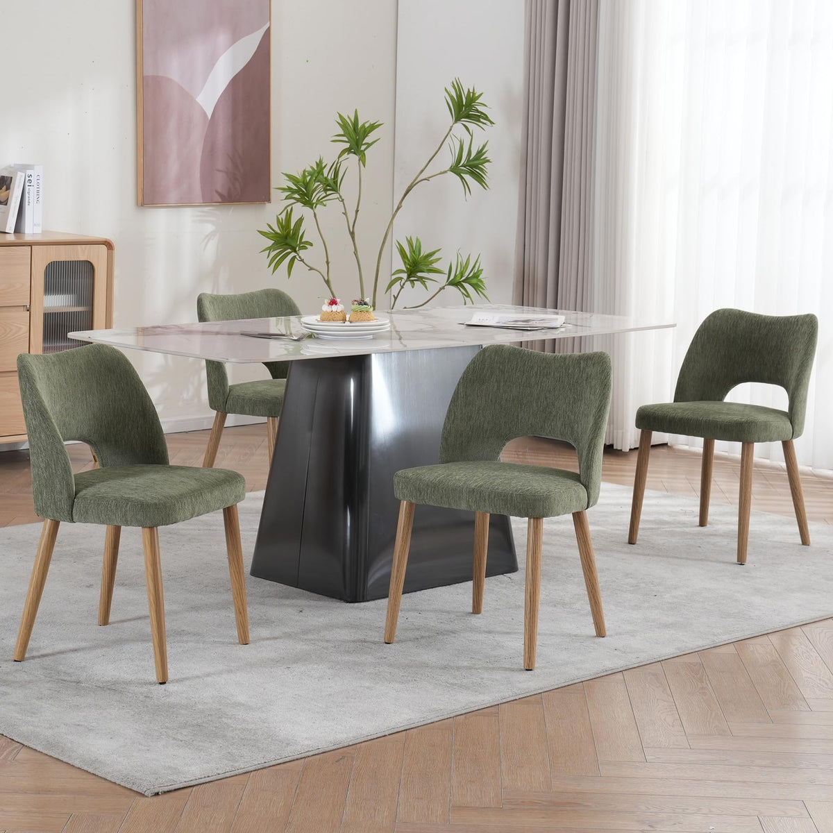 Modern Dining Chairs Set of 4, Upholstered Fabric Kitchen Chairs with Butterfly Hollow Back, Solid Wood Legs, Easy Assembly, Farmhouse Style for Kitchen & Dining Room, Green