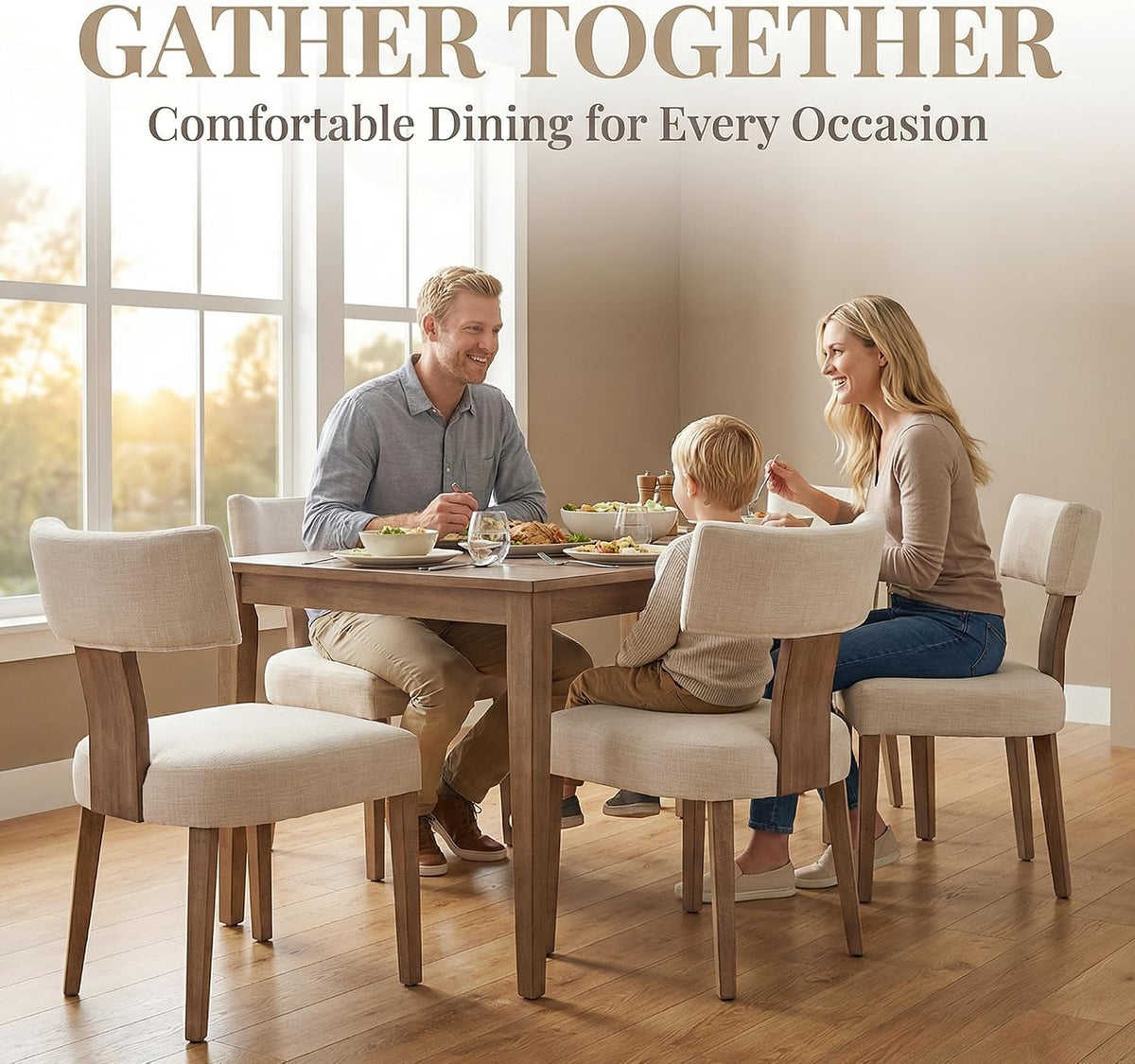 HNY Mid Century Modern Dining Chairs Set of 4, Upholstered Linen Kitchen & Dining Room Chairs with Ergonomic Curved Backrest, Solid Wood Legs, Farmhouse Accent Chair for Home, Apartment, Beige