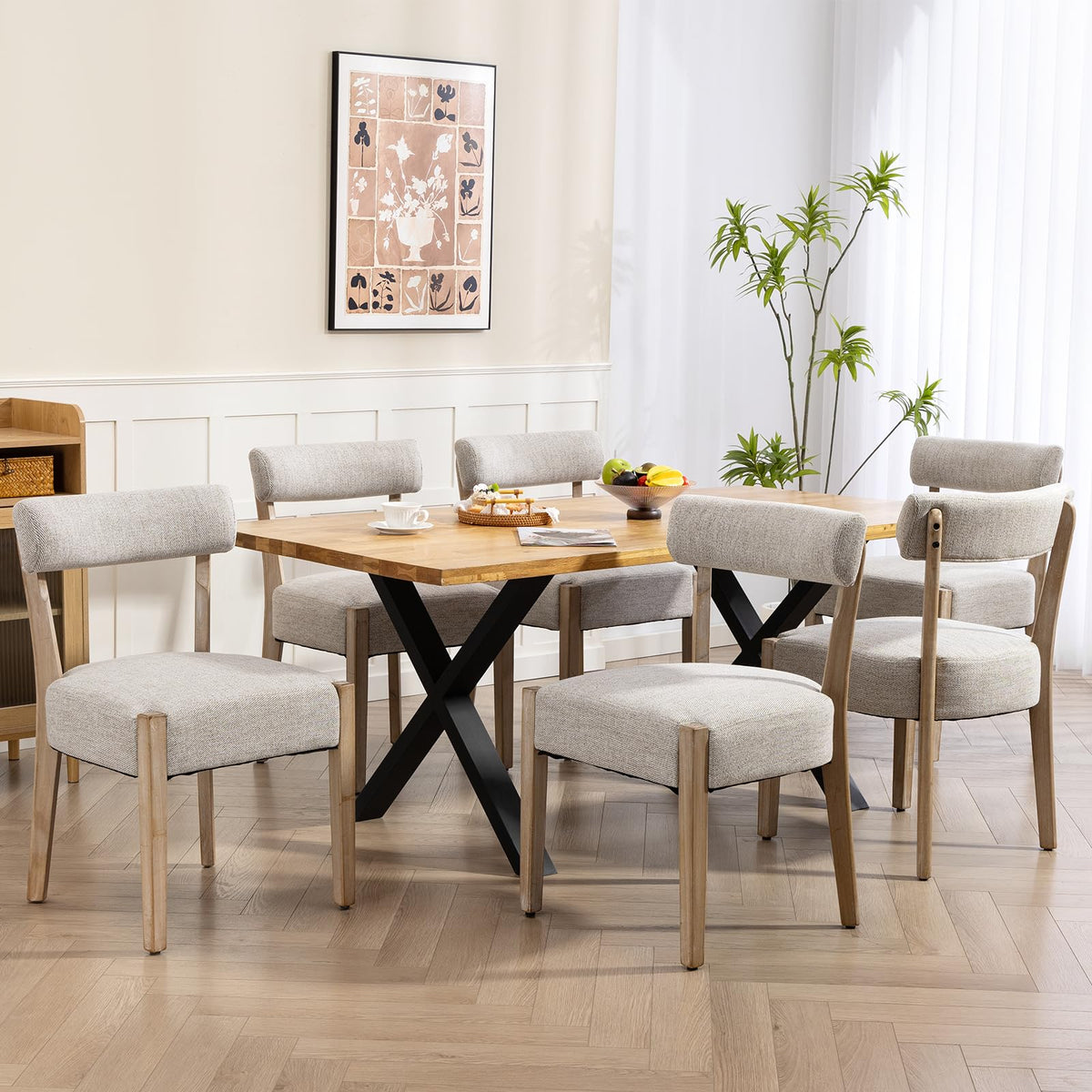 ZJhome Dining Chairs Set of 4,Mid Century Modern Dining Chair Set - Linen Upholstered Low Back Kitchen & Dining Room Chairs with Woven Design,Oatmeal Fabric
